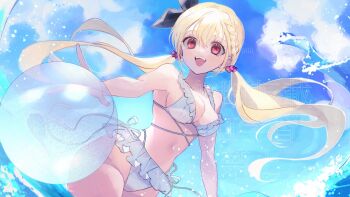 1girl ball banbanjiiiiiii bare_shoulders beachball bikini black_ribbon blonde_hair blue_sky breasts character_request cleavage cloud commentary_request commission hair_ribbon half_crown_braid highres long_hair medium_breasts navel open_mouth original red_eyes ribbon sky solo swimsuit teeth twintails upper_teeth_only white_bikini