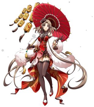 Rule 34 | 1girl, animal print, bag, bare shoulders, beret, bird print, bracelet, breasts, brown gloves, brown hair, brown hat, brown thighhighs, china dress, chinese clothes, cleavage, covered navel, curtained hair, dress, earrings, elbow carry, floating clothes, floating hair, full body, fur shawl, game cg, garter straps, gem, gloves, gradient clothes, gradient dress, green gemstone, handbag, hanging lantern, hat, highres, holding, holding umbrella, jewelry, langrisser, langrisser mobile, lantern, leg up, long hair, looking at viewer, medium breasts, necklace, official alternate costume, official art, oil-paper umbrella, outstretched hand, paper lantern, parted bangs, parted lips, pearl (gemstone), pearl bracelet, pearl earrings, pearl hat ornament, pearl necklace, pom pom (clothes), print dress, red dress, red eyes, red shoes, red umbrella, second-party source, see-through cleavage, see-through clothes, shawl, shoes, simple background, sleeveless, sleeveless dress, smile, snowflakes, solo, standing, standing on one leg, tachi-e, tassel, thighhighs, transparent background, turning head, umbrella, umbrella over shoulder, very long hair, white dress, white shawl, yulia (langrisser), zettai ryouiki