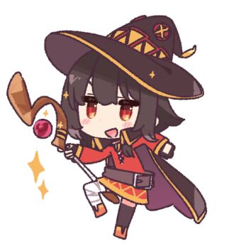 1girl :d bandages belt blush brown_belt brown_hair cape chibi dress genba_neko_(meme) hat kono_subarashii_sekai_ni_shukufuku_wo! megumin meme open_mouth orb red_dress red_eyes shigoto_neko shine short_hair smile solo thighhighs wand witch_hat yoru_nai