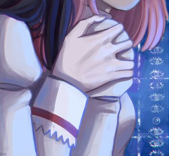 2girls akemi_homura black_hair close-up commentary derivative_work emobemob english_commentary eye_symbol hand_on_another's_shoulder head_out_of_frame juliet_sleeves kaname_madoka long_hair long_sleeves mahou_shoujo_madoka_magica mahou_shoujo_madoka_magica:_hangyaku_no_monogatari medium_hair mitakihara_school_uniform multiple_girls painterly painttool_sai_(medium) pink_hair puffy_sleeves school_uniform screenshot_redraw yuri