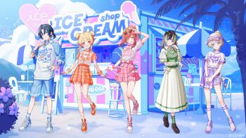 Rule 34 | 5girls, :d, ;d, absurdres, ahoge, artist request, beach, black hair, black shoes, blonde hair, blue eyes, blue hair, blue shoes, blue shorts, blue sleeves, blue socks, blunt bangs, braid, braided hair rings, brown eyes, character name, clothes writing, collared shirt, colored inner hair, commentary request, curtained hair, day, double bun, earclip, english text, eyewear on head, food stand, full body, gradient hair, green socks, grey hair, hair bun, hair rings, heart, heart-shaped eyewear, highres, hiodoshi ao, hiodoshi ao (holonatsu paradise), hololive, hololive dev is, ice cream stand, ichijou ririka, ichijou ririka (holonatsu paradise), juufuutei raden, juufuutei raden (holonatsu paradise), kneehighs, loafers, long shirt, looking at viewer, miniskirt, multicolored hair, multiple girls, official alternate costume, official alternate hair length, official alternate hairstyle, official art, one eye closed, open mouth, orange hair, orange shoes, orange sleeves, otonose kanade, otonose kanade (holonatsu paradise), outdoors, pink hair, pink shoes, pink skirt, plaid clothes, plaid skirt, pleated skirt, polka dot, polka dot socks, ponytail, print shirt, purple eyes, purple hair, purple skirt, raglan sleeves, regloss (hololive), second-party source, shirt, shirt tucked in, shoes, short hair, shorts, sidelocks, single hair bun, skirt, smile, sneakers, socks, streaked hair, sunglasses, swept bangs, t-shirt, three-quarter sleeves, todoroki hajime, todoroki hajime (holonatsu paradise), two-tone hair, virtual youtuber, visor cap, white shirt, white shoes, white socks