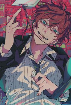 1boy @_@ aqua_eyes black_jacket crazy_smile crossed_bangs crying floating_clothes floating_hair green_necktie green_streaks grid_print hair_between_eyes head_tilt highres hypnosis_mic id_card jacket kannonzaka_doppo looking_at_viewer male_focus necktie red_hair shirt short_hair smile snot snot_trail solo streaming_tears striped_clothes striped_shirt tears twitter_username upper_body wata_i