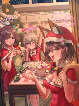 3girls absurdres animal_ears blue_archive breasts cake christmas christmas_tree cleavage commentary_request dress food fox_ears halo hat highres izuna_(blue_archive) korean_commentary lop_rabbit_ears michiru_(blue_archive) multiple_girls ninjutsu_research_club_(blue_archive) pink_halo rabbit_ears solharuu tsukuyo_(blue_archive)