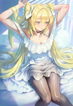 1girl absurdres arms_behind_head ballerina bangsom black_choker black_pantyhose blonde_hair blue_eyes blush breasts choker cleavage commentary dress hair_ribbon highres long_hair medium_breasts nora_(bangsom) original pantyhose parted_lips ribbon sitting solo sweat twintails very_long_hair white_dress white_ribbon