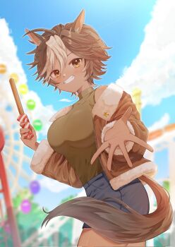 1girl ahoge animal_ear_fluff animal_ears breasts brown_eyes brown_hair brown_jacket brown_shirt cloud commission corrupted_twitter_file ferris_wheel food fur-trimmed_jacket fur_trim hair_between_eyes highres holding holding_food horse_ears horse_girl horse_tail indie_virtual_youtuber inu_to_tanpopo jacket multicolored_hair open_clothes open_jacket second-party_source shirt short_hair skeb_commission sky smile solo star_(symbol) star_in_eye symbol_in_eye tail tomoe_umari two-tone_hair virtual_youtuber white_hair zipper