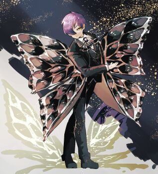 Rule 34 | 1boy, ascot, black ascot, black background, black coat, black pants, black shoes, black vest, brooch, butterfly wings, closed mouth, coat, collared shirt, e.g.o (project moon), full body, gloves, highres, insect wings, jewelry, library of ruina, long sleeves, looking at viewer, male focus, nakame77, pants, project moon, purple hair, shirt, shoes, short hair, simple background, solemn lament (e.g.o), solo, sparkle, standing, vest, white gloves, white shirt, wings, yellow eyes, yesod (project moon)