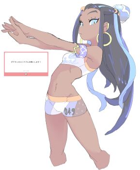 1girl bare_shoulders black_hair blue_eyes crop_top dark-skinned_female dark_skin earrings hair_bun jewelry long_hair looking_at_viewer mocamocaink nessa_(pokemon) nintendo pokemon pokemon_swsh shorts sleeveless swimsuit white_background