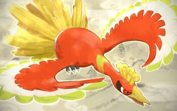 animal_focus beak bird feathers flying full_body gen_2_pokemon ho-oh isutai legendary_pokemon looking_at_viewer nintendo no_humans open_mouth pokemon pokemon_(creature) pokemon_focus red_eyes red_feathers simple_background solo talons yellow_background yellow_feathers