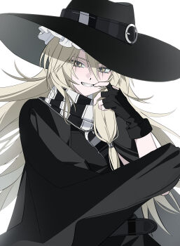 1girl absurdres alternate_costume asymmetrical_sidelocks black_cloak black_gloves black_hat black_shirt blonde_hair cloak commentary fingerless_gloves frilled_hat frills gloves grin hair_between_eyes hand_to_own_mouth hand_up hat hat_belt highres kiliko-san kirisame_marisa long_hair looking_at_viewer low-tied_sidelocks scarf shirt shoulder_belt sidelocks simple_background smile solo striped_clothes striped_scarf touhou upper_body white_background wide_brim yellow_eyes