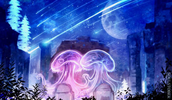 absurdres aurelia_(elden_ring) aureliette_(elden_ring) blue_sky commentary elden_ring english_commentary glowing highres in-universe_location inktober jellyfish night night_sky no_humans shooting_star siblings sisters sky spirit temmaru1 tombstone