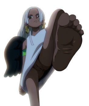 anus ass bare_legs barefoot black_feathers black_wings bottomless dark-skinned_female dark_skin dress earrings expressionless feathered_wings feathers feet feet_up foot_focus gold_earrings jewelry loli long_hair looking_at_viewer no_panties one_piece pov pussy s-snake seraphim_(one_piece) sleeveless sleeveless_dress snake_earrings star-shaped_pupils star_(symbol) symbol-shaped_pupils third-party_edit transparent_background white_dress white_hair wings yellow_eyes