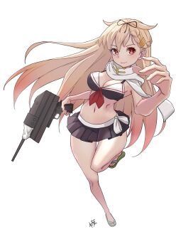 Rule 34 | 1girl, adapted turret, bikini, bikini skirt, black bikini, black skirt, blonde hair, breasts, commentary request, flip-flops, foreshortening, front-tie bikini top, front-tie top, full body, gradient hair, hair flaps, highres, kantai collection, medium breasts, multicolored hair, neve (morris-minicooper), pleated skirt, red hair, sailor bikini, sailor collar, sandals, simple background, skirt, solo, swimsuit, white background, yuudachi (kancolle), yuudachi kai ni (kancolle), yuudachi kai ni (swimsuit) (kancolle)