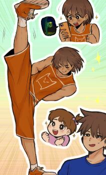 1girl 2boys black_eyes blue_sweater blush bow brother_and_sister brothers brown_hair cellphone closed_eyes closed_mouth collarbone commentary_request dark-skinned_male dark_skin double-parted_bangs hair_between_eyes hair_bow hero_(faraway)_(omori) hero_(omori) highres holding holding_phone kel_(faraway)_(omori) kel_(omori) looking_at_another motion_lines multiple_boys omori open_mouth orange_shoes orange_shorts pasuta928008 phone pink_bow sally_(omori) shoes short_hair shorts siblings smartphone smile sneakers socks sparkle speech_bubble speed_lines split standing standing_on_one_leg standing_split sweatdrop sweater teeth upper_teeth_only white_socks