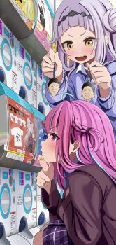 2girls ahoge alternate_costume arched_bangs blue_cardigan blue_hair blunt_bangs blush braid brown_cardigan cardigan closed_mouth gashapon grey_hair hair_bun hairband hand_on_own_chin highres holding hololive long_hair long_sleeves looking_at_another minato_aqua minato_aqua_(school_uniform) multicolored_hair multiple_girls murasaki_shion nakiri_ayame open_mouth plaid_clothes plaid_skirt purple_eyes purple_hair purple_skirt school_uniform shirt short_eyebrows skirt smile squatting streaked_hair suzuushi teeth two_side_up upper_teeth_only v-shaped_eyebrows virtual_youtuber white_shirt yagoo yellow_eyes