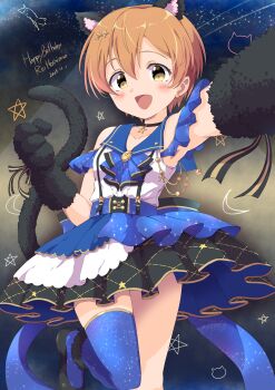 1girl absurdres animal_ears animal_hands birthday blue_thighhighs blush cat_ears cat_paws cat_tail character_name choker constellation earrings frilled_skirt frills gloves hair_ornament happy_birthday highres hoshizora_rin jewelry layered_skirt leg_up looking_at_viewer love_live! love_live!_school_idol_project open_mouth orange_hair outstretched_arm paw_gloves sen_(sen0910) shirt short_hair single_thighhigh skirt sleeveless sleeveless_shirt smile solo standing star_(symbol) star_choker star_hair_ornament tail thighhighs yellow_eyes