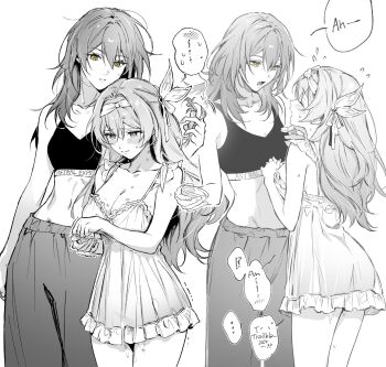 !? ... 2girls alternate_costume arm_at_side babydoll back_peek backless_outfit baggy_pants bare_arms bare_shoulders bite_mark bite_mark_on_thigh blush breasts cleavage closed_eyes closed_mouth clothes_writing collarbone commentary couple embarrassed english_text expressionless face-to-face facing_another firefly_(honkai:_star_rail) flying_sweatdrops frills furrowed_brow grabbing_another's_chin greyscale hair_ornament hairband hand_on_another's_chin hand_up hands_up height_difference hickey highres holding_another's_hair honkai:_star_rail honkai_(series) hwan_(mob_hwan) large_breasts long_hair looking_at_another looking_down loungewear medium_breasts midriff monochrome multiple_girls multiple_views open_mouth pants simple_background spaghetti_strap speech_bubble spoken_blush spoken_ellipsis spoken_sweatdrop sports_bra stelle_(honkai:_star_rail) sweat sweatdrop thigh_gap trailblazer_(honkai:_star_rail) translucent trembling twirling_hair underwear_writing unkempt white_background yuri