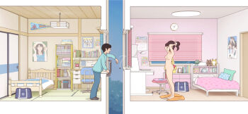 1boy 1girl after_bathing bag bed black_hair bookshelf brown_hair calendar_(object) casual_nudity chair clock clothed_male_nude_female completely_nude cross-section desk indoors kiyo_(kyokyo1220) nude office_chair original ponytail pooh poster_(object) room school_bag stuffed_animal stuffed_toy swivel_chair tatami throwing winnie_the_pooh