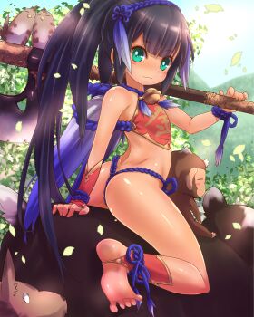 1girl animal anklet aqua_eyes ass axe bad_anatomy bad_feet barefoot bell bird black_hair chinese_clothes dog feet female_focus green_eyes highres jewelry jingle_bell long_hair monkey poorly_drawn riding soles solo toeless_legwear toes tsukigami_chronica very_long_hair weapon