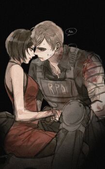 1boy 1girl ada_wong bandaged_arm bandages black_background black_hair black_pants black_pantyhose black_shirt black_shoes blood blood_on_arm breath brown_hair bulletproof_vest couple dress eye_contact from_side hetero high_heels highres holding_hands injury kneeling leon_s._kennedy looking_at_another nul pants pantyhose red_dress red_lips resident_evil resident_evil_4 resident_evil_4_(remake) shirt shoes short_hair simple_background sitting speech_bubble talking torn_clothes torn_shirt