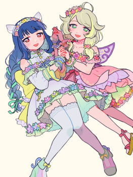 2girls :d absurdres ahoge back_bow blonde_hair blue_hair bow braid commentary_request dress fairy_wings flower flower_necklace frilled_thighhighs frills green_eyes hair_flaps hair_flower hair_ornament hair_ribbon head_wreath highres holding_hands idolmaster idolmaster_cinderella_girls jewelry kayanon_no long_hair long_sleeves looking_at_viewer low_twintails multicolored_dress multiple_girls necklace open_mouth pink_flower purple_flower purple_wings red_eyes red_flower ribbon sajo_yukimi sandals simple_background smile thighhighs twintails white_dress white_thighhighs wings yellow_background yellow_bow yellow_flower yusa_kozue