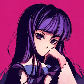 1girl frederica_bernkastel goth_fashion hand_on_own_cheek hand_on_own_face monochrome_background moshimoshibe puffy_sleeves purple_eyes purple_hair umineko_no_naku_koro_ni