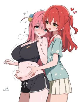 2girls belly blue_eyes blush bocchi_the_rock! breasts covered_erect_nipples dolphin_shorts gotoh_hitori grabbing_another&#039;s_stomach green_eyes highres kita_ikuyo large_breasts minusk9 multiple_girls pink_hair plump red_hair shorts skirt small_breasts sports_bra white_background yukkuri_shiteitte_ne