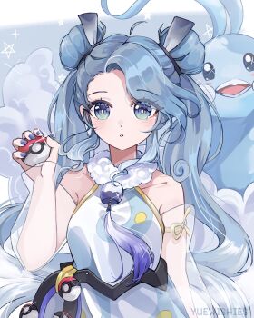 1girl 1other altaria blue_dress blue_eyes blue_hair blue_nails blush breasts collarbone double_bun dress flying_miku_(project_voltage) gen_3_pokemon hair_bun hair_ornament hatsune_miku highres holding holding_poke_ball long_hair long_sleeves looking_at_viewer medium_breasts nintendo official_alternate_costume official_alternate_hairstyle parted_lips poke_ball pokemon pokemon_(creature) project_voltage see-through_clothes see-through_sleeves sleeveless sleeveless_dress twintails very_long_hair vocaloid waist_poke_ball yuewishies