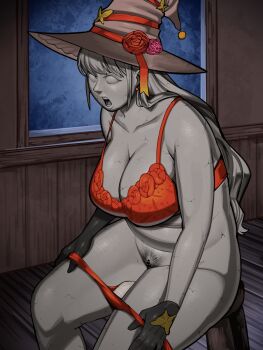 Rule 34 | 1girl, black gloves, bra, breasts, brown hat, chair, cleavage, collarbone, colored eyelashes, colored sclera, colored skin, cracked skin, curly hair, exhatomi, feet out of frame, flower ornament, gloves, grey hair, grey sclera, grey skin, groin, hat, highres, indoors, long hair, no irises, no pupils, nude, open mouth, original, panties, panty pull, petrification, plump, pubic hair, pulling own clothes, pupiless eyes, pussy, red bra, red panties, sidelocks, sitting, solid eyes, solo, statue, stone skin, teeth, transformation, underwear, variant set, window, witch hat