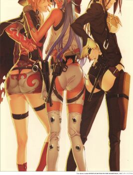 3girls absurdres ass blonde_hair blue_hair chaps cowboy_hat donne_anonime fingerless_gloves franco_il_nero fringe_trim from_behind gloves gun handgun hat head_out_of_frame highres kneepits lily_salvatana mauser_c96 miniskirt multiple_girls nitroplus panties pistol revolver scan skirt smile standing thighhighs trigger_discipline underwear weapon cowboy_western zoku_satsuriku_no_django