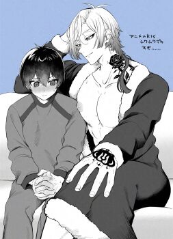 2boys abs absurdres bad_link blue_background blue_lock blush collarbone couch crown_tattoo flower_tattoo fur_trim gradient_hair greyscale_with_colored_background hand_on_own_thigh hand_tattoo highres interlocked_fingers isagi_yoichi male_focus michael_kaiser multicolored_hair multiple_boys neck_tattoo nipples own_hands_together pectorals pio2pi robe seductive_smile simple_background sitting smile sweat sweatdrop tattoo toned toned_male yaoi