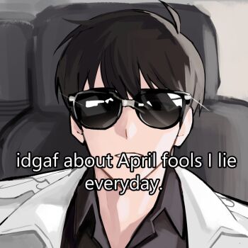 1boy black_hair black_shirt coat collared_shirt covered_eyes english_text facing_viewer highres keomikan kim_dokja male_focus meme omniscient_reader&#039;s_viewpoint open_clothes open_coat portrait shirt short_hair sitting solo sunglasses white_coat