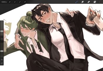 arm_over_shoulder art_program_in_frame beer_can black_hair black_necktie black_suit blush can closed_eyes collared_shirt dress_shirt drink_can drunk dutch_angle formal_clothes green_hair hair_bun hand_on_another's_shoulder highres holding holding_can lapels library_of_ruina looking_at_viewer male_focus necktie netzach_(project_moon) project_moon roland_(project_moon) shirt simple_background sitting smile suit white_background white_shirt yaoi zellillus