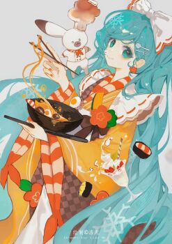 1girl 1other absurdly_long_hair aqua_eyes aqua_hair artist_name bow chopsticks closed_mouth commentary dutch_angle earrings egg_(food) english_commentary feet_out_of_frame floating_food flower flower_earrings food fork_hair_ornament grey_background hair_bow hardboiled_egg hatsune_miku holding holding_chopsticks holding_tray japanese_clothes jewelry kimono long_hair long_sleeves looking_at_viewer luowu_shi_mian nail_polish noodles orange_flower orange_kimono orange_nails rabbit rabbit_yukine simple_background smile spoon_hair_ornament sushi tray very_long_hair vocaloid whipped_cream white_bow yuki_miku yuki_miku_(2024)