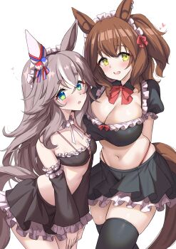 2girls absurdres animal_ears aston_machan_(umamusume) bare_shoulders bikini black_thighhighs blush bow breasts brown_hair cleavage detached_sleeves ear_covers green_eyes grey_hair hair_between_eyes hair_ornament heart highres horse_ears horse_girl horse_tail kibihimi large_breasts long_hair long_sleeves looking_at_viewer maid maid_bikini medium_hair multicolored_hair multiple_girls navel open_mouth panty_straps parted_lips red_bow simple_background single_ear_cover skirt small_breasts smile stomach streaked_hair swimsuit tail thighhighs umamusume unconventional_maid white_headdress wonder_acute_(umamusume)