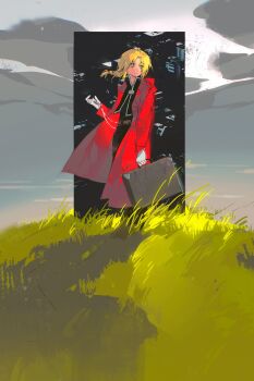 Rule 34 | 1boy, arm up, belt, black jacket, black pants, blonde hair, braid, brown belt, caley25364498, chinese commentary, coat, commentary, commentary request, edward elric, english commentary, field, floating hair, full body, fullmetal alchemist, gloves, grass, highres, holding, holding pocket watch, holding suitcase, jacket, lapels, long hair, long sleeves, looking to the side, male focus, mixed-language commentary, multilingual commentary, open clothes, open coat, outdoors, pants, parted hair, pocket watch, red coat, sideways glance, single braid, solo, standing, suitcase, watch, white gloves, yellow eyes