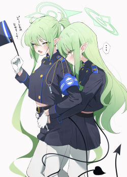 ... 2girls absurdres armband black_jacket black_shorts black_skirt black_tail blue_archive blue_armband closed_mouth commentary earrings fang fon_(96nokimihito) from_side gloves green_hair green_halo halo hat highres hikari_(blue_archive) holding holding_unworn_clothes holding_unworn_hat jacket jewelry long_hair long_sleeves multiple_girls nozomi_(blue_archive) open_mouth pantyhose pointy_ears shorts siblings simple_background sisters skin_fang skirt spoken_ellipsis tail tail_around_another&#039;s_leg tail_wrap translated unworn_hat unworn_headwear very_long_hair white_gloves white_pantyhose yellow_eyes
