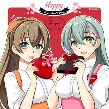 Rule 34 | 2girls, anna miller, badge, box, brown hair, collared shirt, commentary request, dress shirt, gift, green eyes, green hair, happy valentine, heart, heart-shaped box, highres, kantai collection, kumano (kancolle), long hair, multiple girls, name tag, orange skirt, pink skirt, ponytail, shirt, skirt, suzuya (kancolle), teramoto kaoru, underbust, upper body, waitress, white shirt