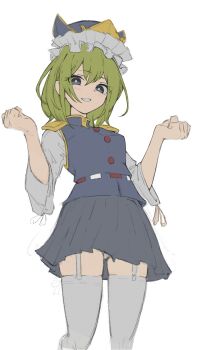 1girl asymmetrical_hair blue_vest epaulettes frilled_hat frills from_below garter_straps green_hair hair_bobbles hair_ornament hat hat_ribbon highres looking_at_viewer panties panty_peek ribbon ribbon-trimmed_skirt ribbon_trim sashimi_oniku shiki_eiki sleeve_bow smile solo thighhighs touhou two_side_up underwear vest white_background white_panties white_thighhighs