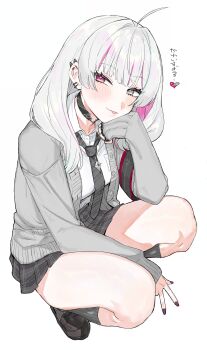 1girl absurdres ahoge armband black_armband black_choker black_necktie black_skirt blush boots cardigan choker collared_shirt ear_piercing grey_cardigan grey_eyes grey_hair hand_on_own_chin head_on_hand head_rest heterochromia highres ishigami_nozomi ishigami_nozomi_(school_uniform) long_hair long_sleeves looking_at_viewer miniskirt multicolored_hair necktie nijisanji piercing pink_eyes pink_hair plaid_clothes plaid_skirt pleated_skirt shirt simple_background skirt sleeves_past_wrists smile socks solo spiked_ear_piercing squatting streaked_hair suisogenshi thighs tongue tongue_out v virtual_youtuber white_background