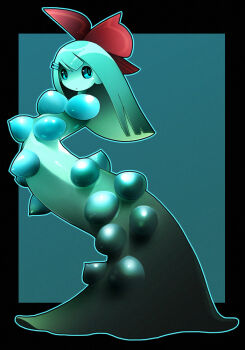 1009 1girl black_border border bow breasts colored_skin commentary_request extra_breasts full_body green_background green_eyes green_skin hair_bow hair_ornament hairclip long_hair looking_at_viewer medium_breasts monster_girl nipples no_feet original red_bow simple_background slime_girl solo