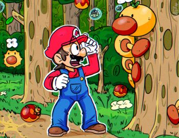 1boy brown_hair bubble creature facial_hair flower forest full_body galoomba grass highres image_sample male_focus mario mario_(series) md5_mismatch megatonslater mustache nature nintendo open_mouth overalls resolution_mismatch source_larger standing super_mario_world surprised tree twitter_sample wiggler