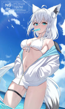 1girl ahoge alternate_costume animal_ear_fluff animal_ear_piercing animal_ears bikini bikini_under_clothes bird blue_eyes blue_sky braid breasts commentary crossed_bangs fluid_on_breasts food food_in_mouth fox_ears fox_girl front-tie_bikini_top front-tie_top gluteal_fold hair_intakes hands_in_pockets highres hololive jacket long_hair long_sleeves looking_at_viewer looking_down low-tied_long_hair medium_breasts navel outdoors partially_unzipped popsicle popsicle_in_mouth shirakami_fubuki single_braided_sidelock sky solo string_bikini swimsuit ta_shiuji30 thigh_strap triangle_bikini_top twitter_username two-sided_fabric two-sided_jacket underboob uneven_eyes very_long_hair virtual_youtuber wading water watermark wet white_bikini white_hair white_jacket