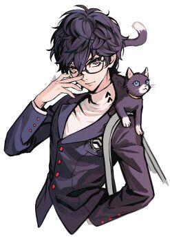 Rule 34 | 1boy, absurdres, adjusting eyewear, amamiya ren, animal, animal on shoulder, black eyes, black hair, black jacket, buttons, cat, cat on shoulder, chinese commentary, closed mouth, commentary request, cropped torso, cyacyacyacyaki, eyelashes, hair between eyes, heterochromia, highres, jacket, lapels, long sleeves, male focus, morgana (cat) (persona 5), morgana (persona 5), notched lapels, persona, persona 5, red eyes, school uniform, short hair, shuujin academy school uniform, simple background, smile, sweater, tsurime, turtleneck, turtleneck sweater, tuxedo cat, v-shaped eyebrows, white background, white sweater