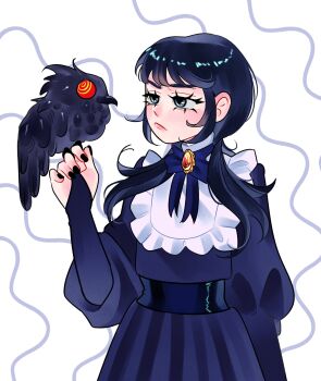 1girl alternate_costume black_bridal_gauntlets black_dress black_hair black_nails blue_eyes bridal_gauntlets chainsaw_man closed_mouth cogumelodejeans dress highres long_hair low_twintails mitaka_asa twintails war_devil_(chainsaw_man)