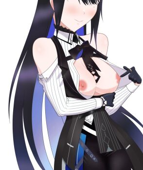 1girl bare_shoulders black_gloves black_hair blue_hair blush breasts breasts_out closed_mouth clothing_cutout colored_inner_hair flashing gloves head_out_of_frame hololive hololive_english horns large_breasts long_hair mole mole_under_eye multicolored_hair nerissa_ravencroft nipples no_bra open_clothes rayos shirt shoulder_cutout simple_background smile solo two-tone_hair very_long_hair virtual_youtuber white_background