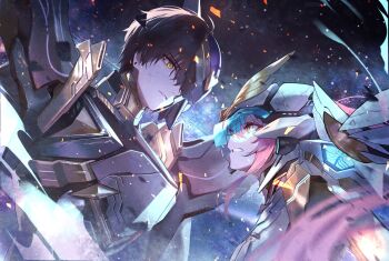 Rule 34 | 1boy, 1girl, aemeath (wuthering waves), black hair, clenched teeth, commentary, exostrider (wuthering waves), eye contact, faceoff, ggoc ill, highres, long hair, looking at another, male rover (wuthering waves), mecha, parted lips, pink hair, robot, rover (wuthering waves), sigillum (wuthering waves), sky, space, star (sky), starry sky, teeth, white background, wuthering waves, yellow eyes