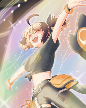 1girl ahoge alternate_costume asymmetrical_pants belt black_hair black_pants black_ribbon black_shirt blonde_hair blush bracelet brown_hair closed_eyes commentary concert english_commentary facing_ahead fuyuu_seibutsu gigi_murin hair_ribbon highres hololive hololive_english jewelry medium_hair midriff multicolored_hair navel open_mouth orange_skirt outstretched_arms pants quilted_skirt ribbon sharp_teeth shirt short_sleeves short_twintails showgirl_skirt side-tie_shirt skirt smile solo spread_arms stage_lights stomach sweat tail teeth tied_shirt twintails two-tone_hair virtual_youtuber