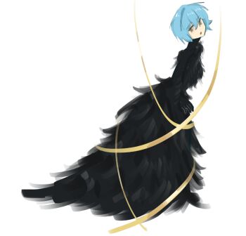 1girl angela_(project_moon) black_dress black_gloves blue_hair bucachonglu commentary dress english_commentary feather_dress full_body gloves library_of_ruina looking_at_viewer project_moon ribbon short_hair simple_background solo white_background yellow_eyes yellow_ribbon