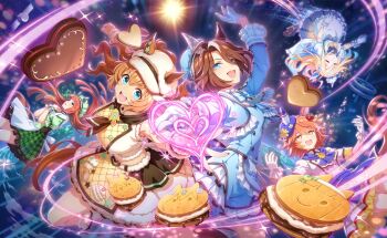 5girls animal_ears apron bad_link blonde_hair blue_dress blue_eyes blue_gloves blunt_bangs brown_hair buttons chocolate dress floating frilled_apron frills gloves green_eyes green_hat hat heart highres horse_ears horse_girl horse_tail matikanefukukitaru_(umamusume) multicolored_hair multiple_girls neo_universe_(umamusume) official_alternate_costume official_art orange_hair short_hair silence_suzuka_(umamusume) sounds_of_earth_(sonata_alla_menta)_(umamusume) sounds_of_earth_(umamusume) taiki_shuttle_(baa_baa_patisserie)_(umamusume) taiki_shuttle_(umamusume) tail umamusume upside-down white_hat