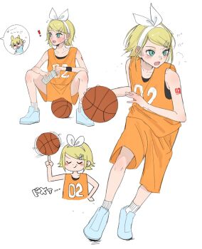 1boy 1girl ball basketball basketball_(object) basketball_uniform blonde_hair dekomori hair_ribbon highres kagamine_len kagamine_rin ribbon shorts sitting sportswear vocaloid
